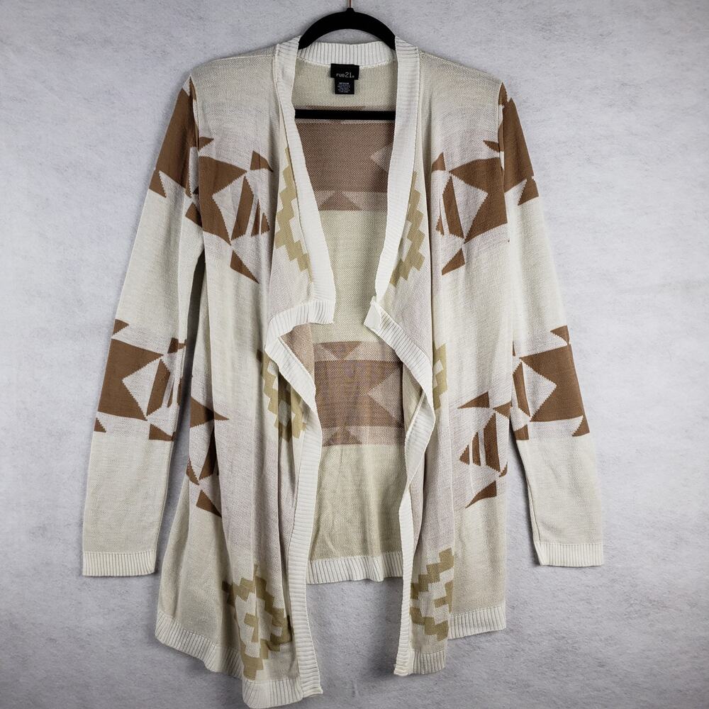 Rue 21‎ Women's M Open Front Southwestern Cardigan Beige Brown Lagenlook Cowgirl